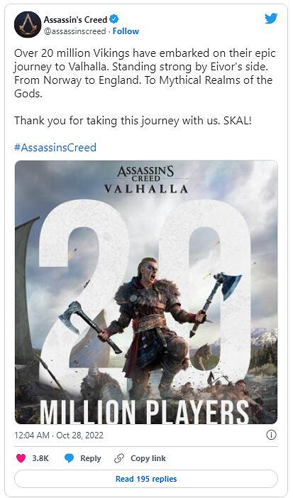 育碧官宣《刺客教條：維京紀元》玩家人數突破2000萬！