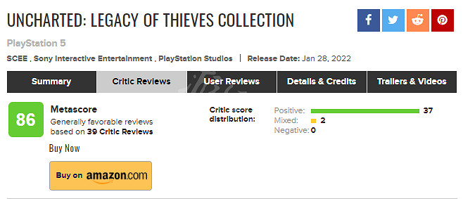 《UNCHARTED: 盜賊傳奇合輯》媒體評分高嗎？遊戲媒體評分一覽