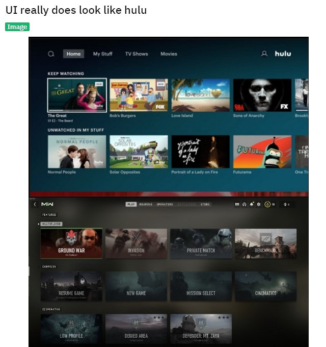 抄襲?玩家發現《COD19》UI與串流媒體網站Hulu極為相似 抄襲?玩家發現《COD19》UI與串流媒體網站Hulu極為相似