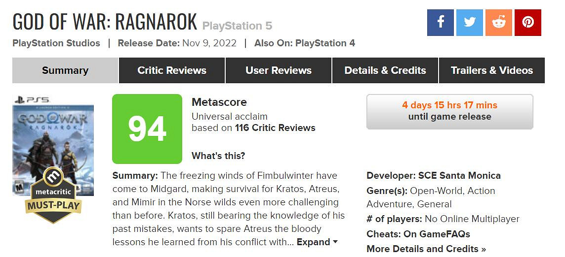 《戰神5》M站媒體均分94分！比前作更加偉大的傑作！