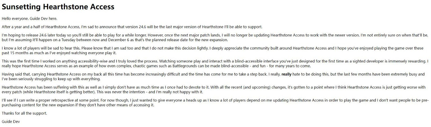 《爐石戰記》輔助插件停更 盲人玩家請求暴雪添加無障礙功能 《爐石戰記》輔助插件停更 盲人玩家請求暴雪添加無障礙功能