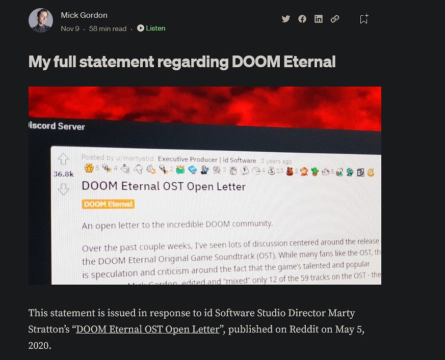 《毀滅戰士：永恆》配樂Mick Gordon長文聲討總監撒謊和公司壓榨