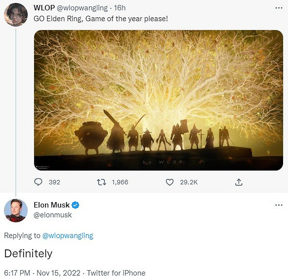 馬斯克:《艾爾登法環》應該拿TGA年度最佳遊戲 馬斯克:《艾爾登法環》應該拿TGA年度最佳遊戲