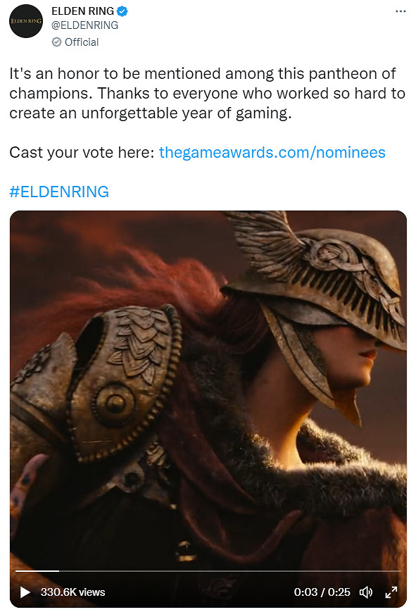 《艾爾登法環》官方致謝TGA為年度遊戲提名 感到榮幸 《艾爾登法環》官方致謝TGA為年度遊戲提名 感到榮幸