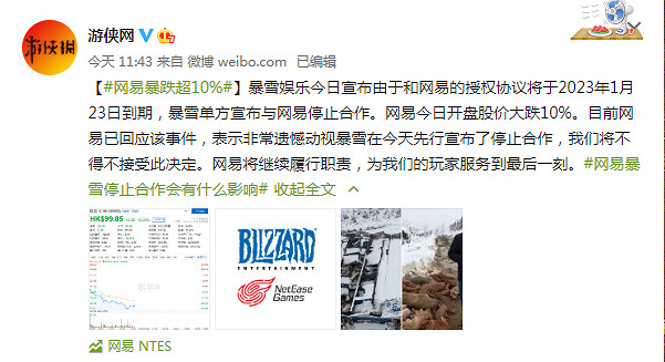 暴雪將與網易結束合作!網易今日開盤股價大跌10% 暴雪將與網易結束合作!網易今日開盤股價大跌10%