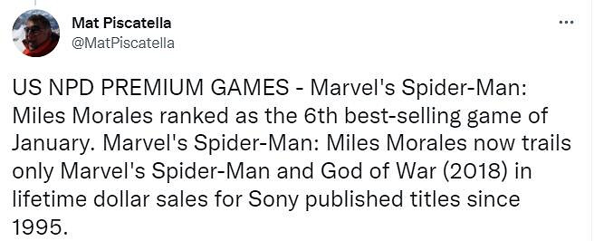 《蜘蛛人：邁爾斯》已成為索尼美國第三暢銷遊戲