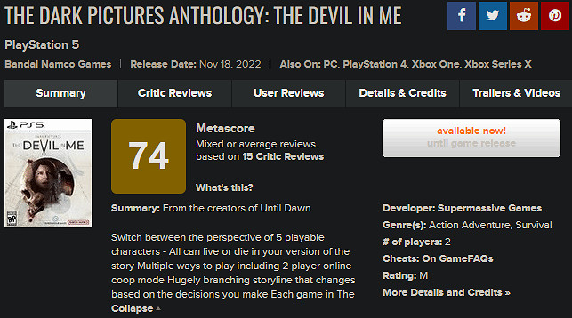 《黑相集:心中魔》M站74分 超越前作且值得一玩! 《黑相集:心中魔》M站74分 超越前作且值得一玩!