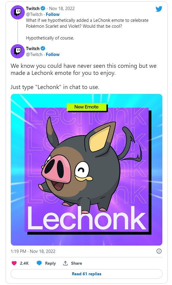 Twitch發布“愛吃豚”表情慶祝《寶可夢朱紫》發售