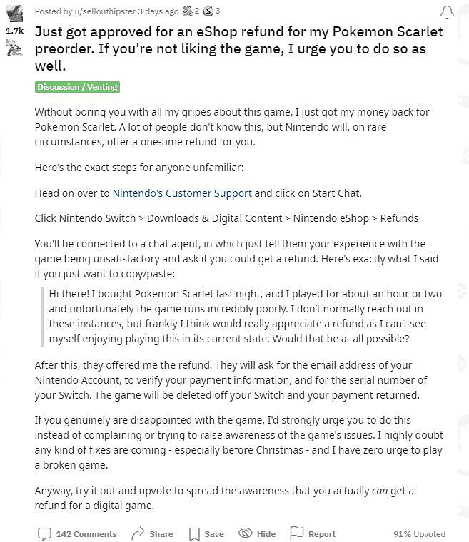 不滿《寶可夢:朱/紫》性能表現 玩家向任天堂申請退款獲批 不滿《寶可夢:朱/紫》性能表現 玩家向任天堂申請退款獲批