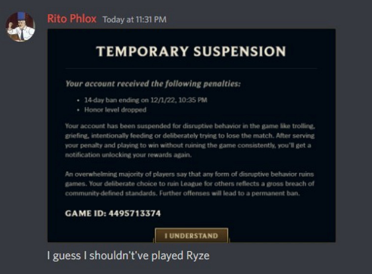 瑞茲玩的太菜!《英雄聯盟》設計師被舉報禁賽14天! 瑞茲玩的太菜!《英雄聯盟》設計師被舉報禁賽14天!