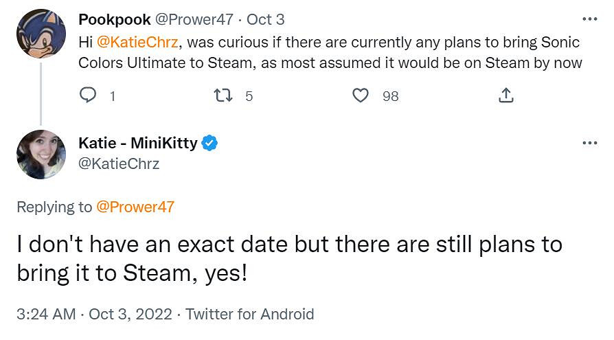 還在Epic獨占的《索尼克色彩終極版》仍計劃上Steam