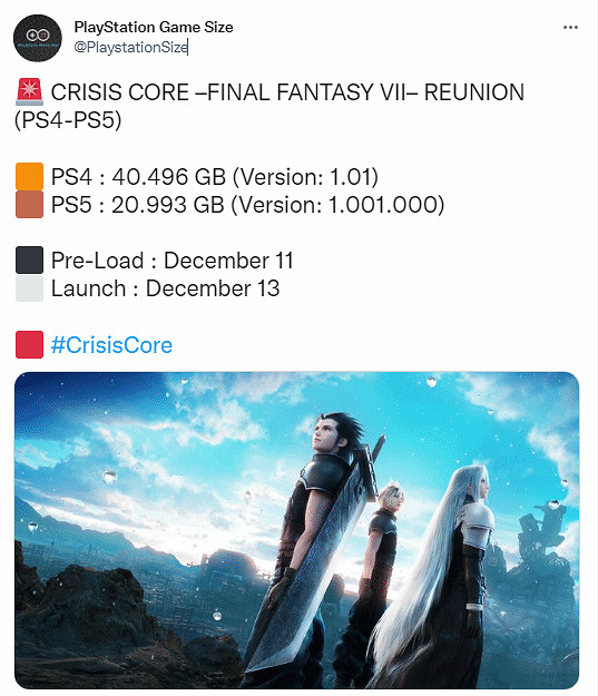 《最終幻想7:核心危機 重聚》遊戲容量/預載時間曝光 《最終幻想7:核心危機 重聚》遊戲容量/預載時間曝光