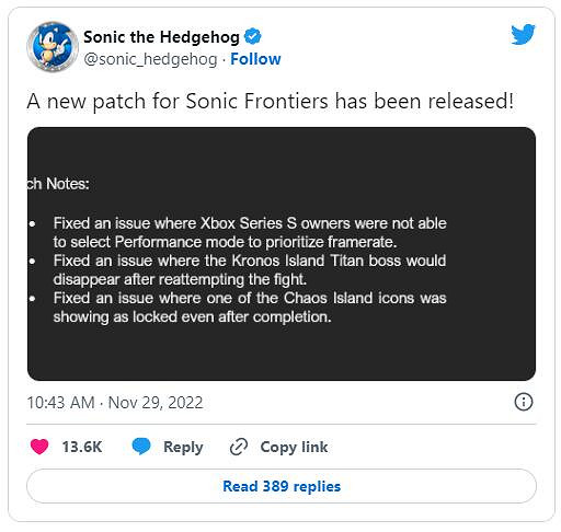 《索尼克:未知邊境》更新檔上線：修復XSS性能模式問題等