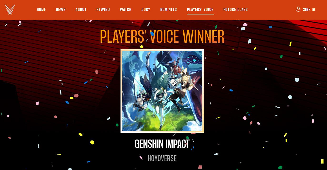 TGA22：《原神》獲得玩家之聲獎 票數碾壓艾爾登法環戰神