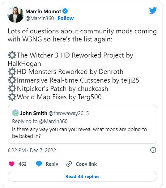 全球玩家社區總監透露《巫師3》次世代更新所包含的mod