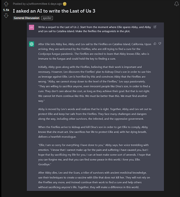 網友曬AI生成《美末3》劇情 艾比犧牲自己救艾莉! 網友曬AI生成《美末3》劇情 艾比犧牲自己救艾莉!