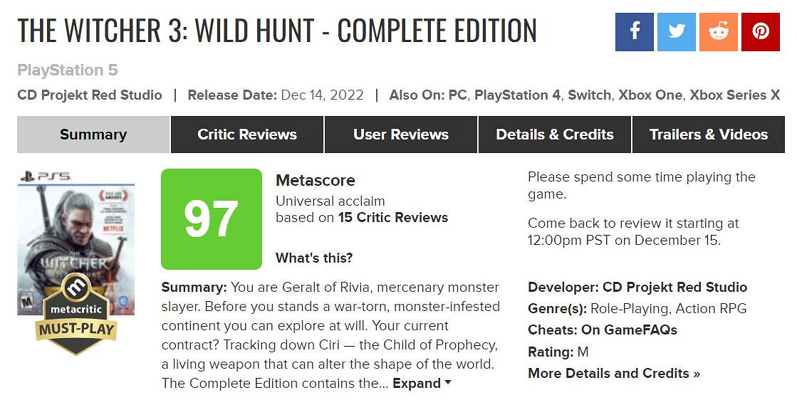 2022最強遊戲！《巫師3完全版》媒體評分超越艾爾登法環