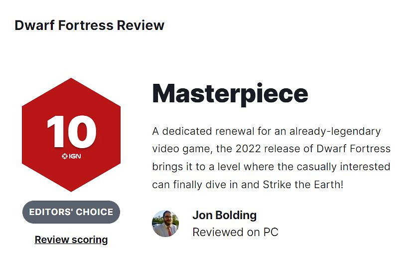 《矮人要塞》獲IGN 10分評價：能玩五六十年的遊戲
