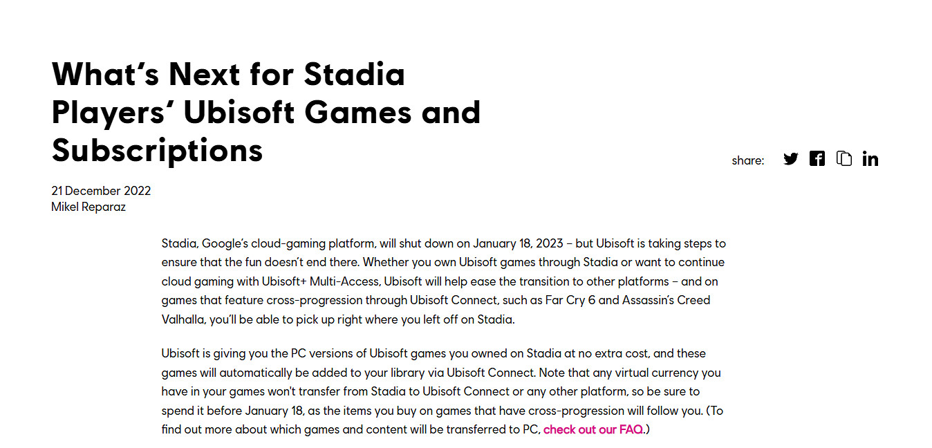 若在Stadia購買了育碧遊戲 育碧確認將免費提供PC版本