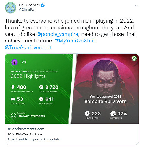 Xbox老大曬年度遊戲總結：《吸血鬼倖存者》真上頭！