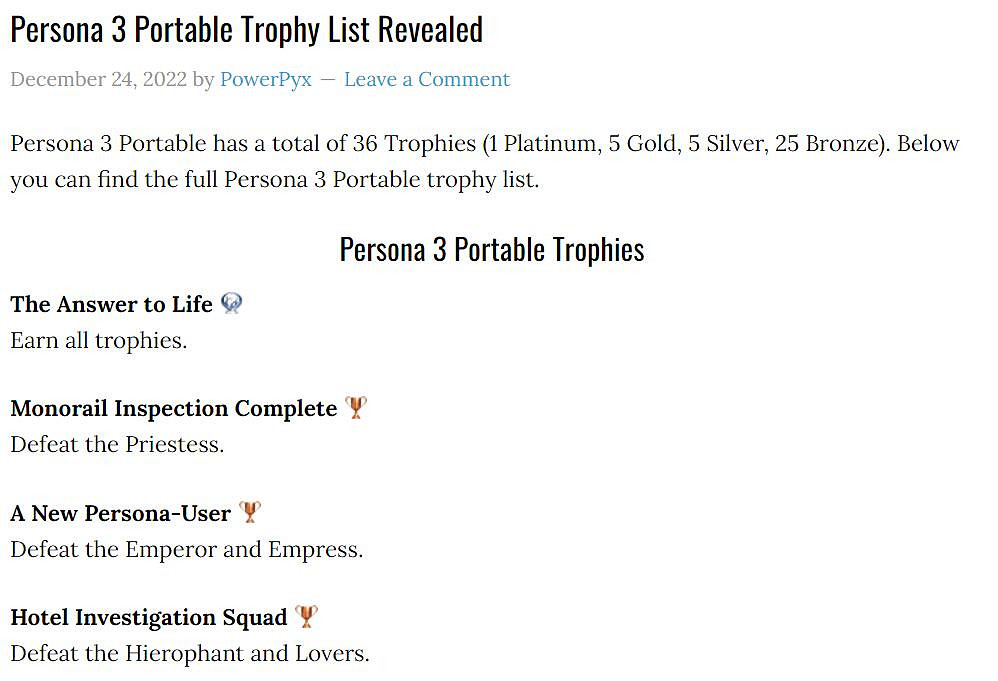 《女神異聞錄3P》成就/獎杯曝光:大約要肝200個小時 《女神異聞錄3P》成就/獎杯曝光:大約要肝200個小時