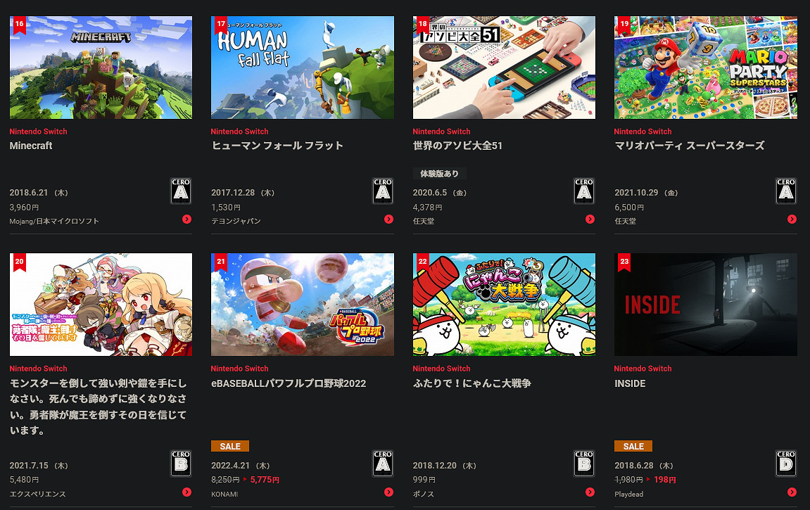 任天堂日本eShop 2022年度銷量榜 《斯普拉遁3》稱霸 任天堂日本eShop 2022年度銷量榜 《斯普拉遁3》稱霸