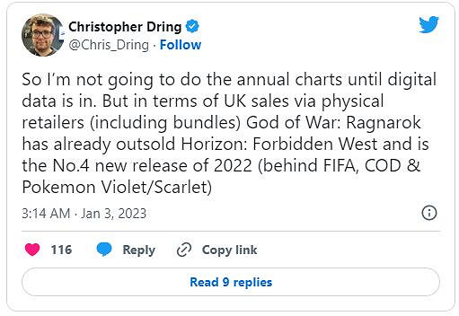 11月發售的《戰神5》英國實體版銷量已超越《地平線2》