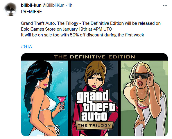 爆《GTA：三部曲》將於1月19日晚登陸Epic 首周五折