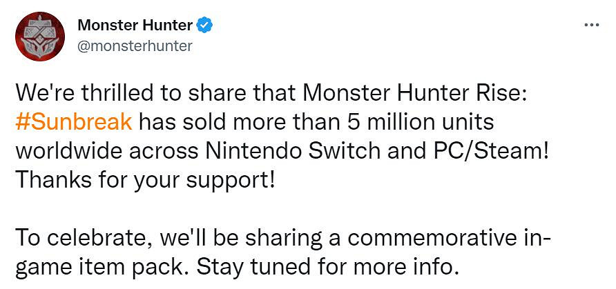 好消息!《魔物獵人:崛起》曙光DLC銷量突破500萬! 好消息!《魔物獵人:崛起》曙光DLC銷量突破500萬!