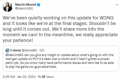 《巫師3》次世代版更新更新檔製作中 不久之後就會推出