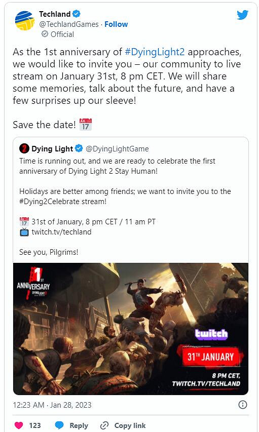 《垂死之光2》將舉行一周年慶祝直播會 有驚喜哦! 《垂死之光2》將舉行一周年慶祝直播會 有驚喜哦!