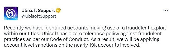 因欺詐行為 育碧宣布對1.9萬個帳戶實施嚴厲制裁 因欺詐行為 育碧宣布對1.9萬個帳戶實施嚴厲制裁