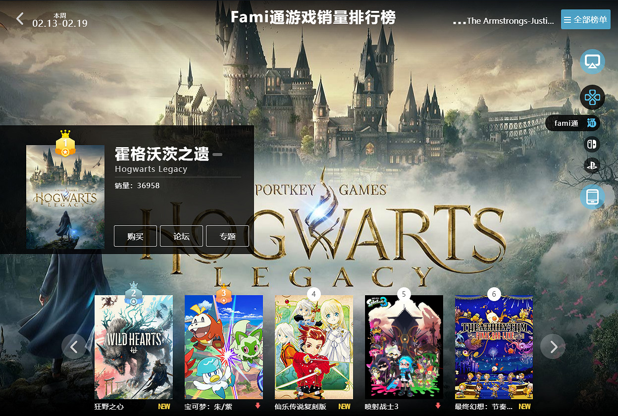 2.13-2.19全球遊戲銷量榜:《霍格華茲之遺》霸榜全平台 2.13-2.19全球遊戲銷量榜:《霍格華茲之遺》霸榜全平台