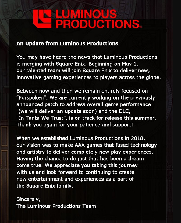 夜光組併入SE本社 未來將繼續優化《FORSPOKEN》