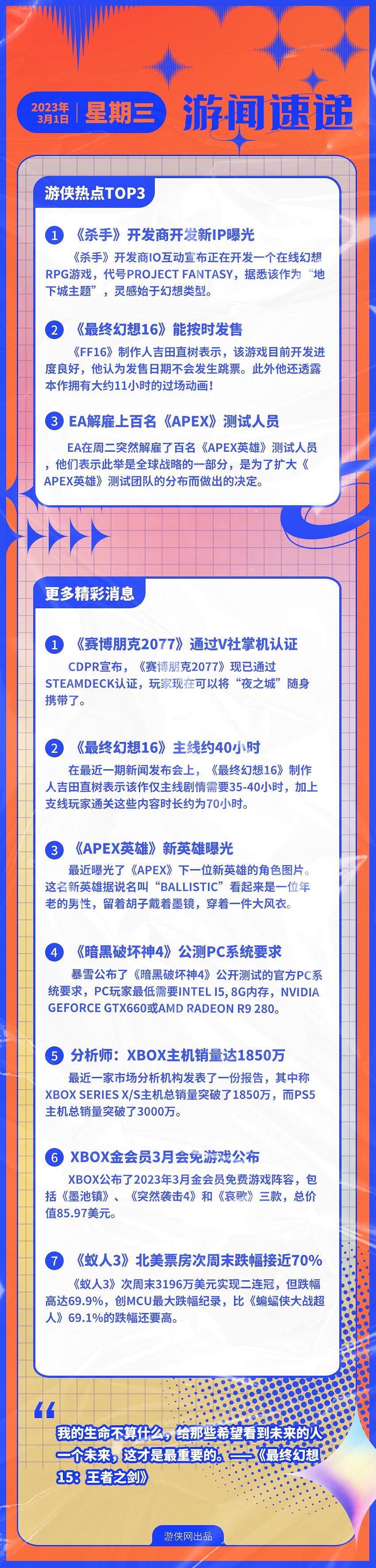 早報:《殺手》開發商新作曝光 《FF16》能按時發售 早報:《殺手》開發商新作曝光 《FF16》能按時發售