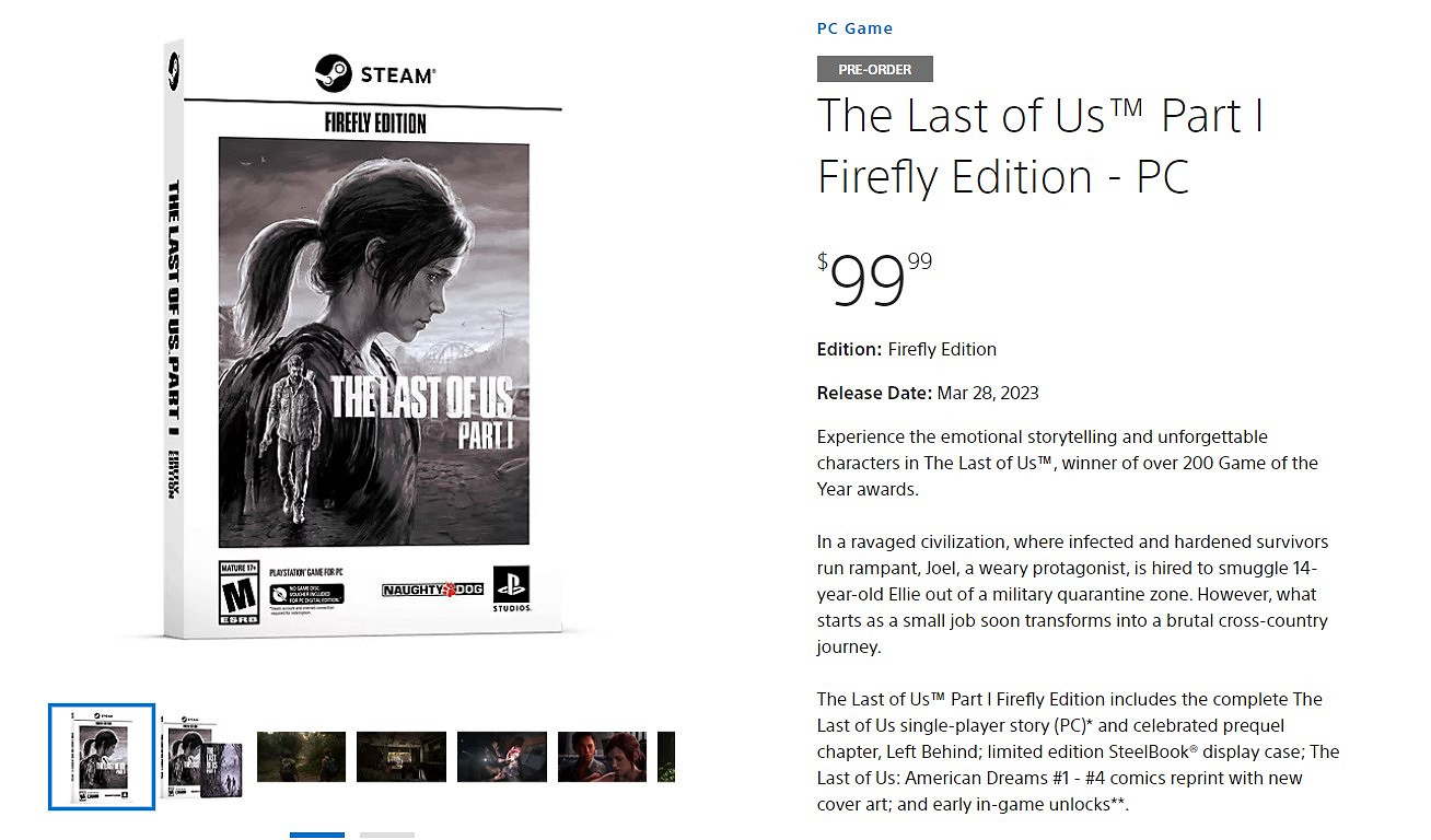 《最後的生還者Part1》PC火螢版開啟預購 售價100刀 《最後的生還者Part1》PC火螢版開啟預購 售價100刀