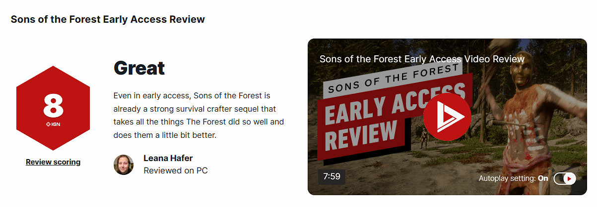 《森林之子》搶先體驗獲IGN 8分：強大的生存遊戲續作