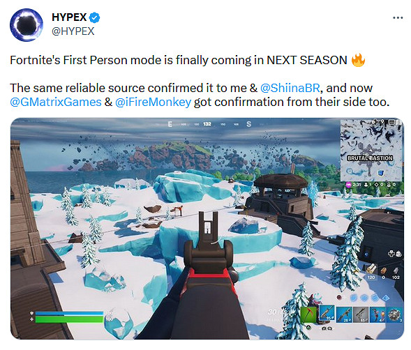 爆料稱《堡壘之夜》第一人稱模式將於下賽季推出