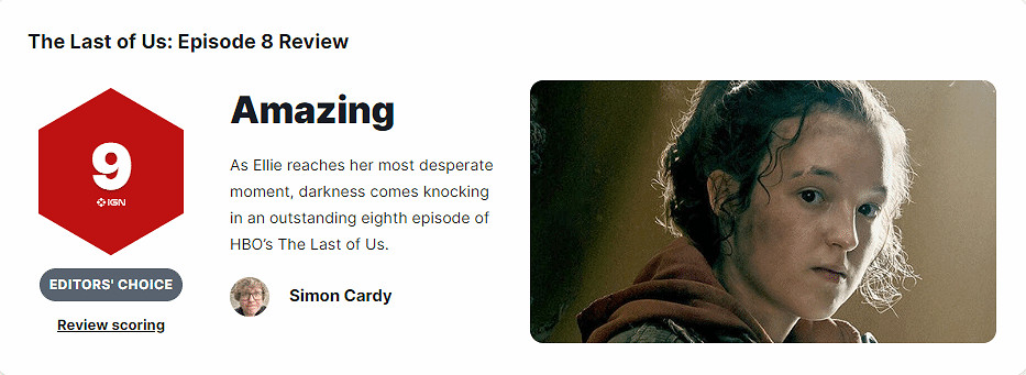 《最後生還者》第8集獲IGN 9分 絕望時刻，黑暗降臨