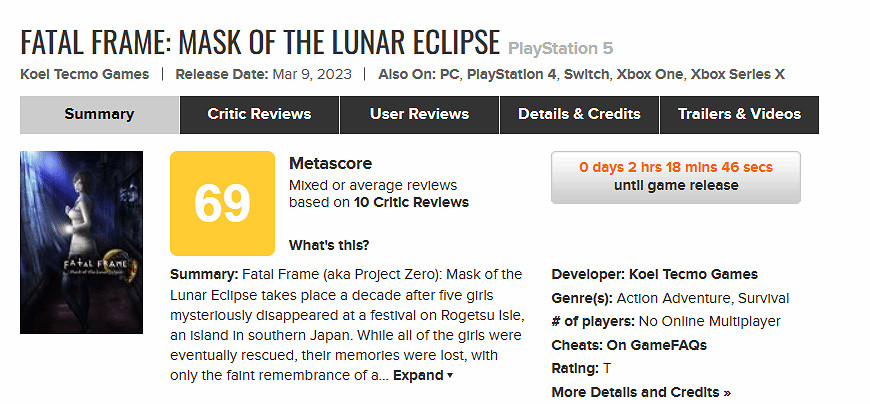 《零:月蝕的假面》M站均分69分 故事好,氛圍讚! 《零:月蝕的假面》M站均分69分 故事好,氛圍讚!