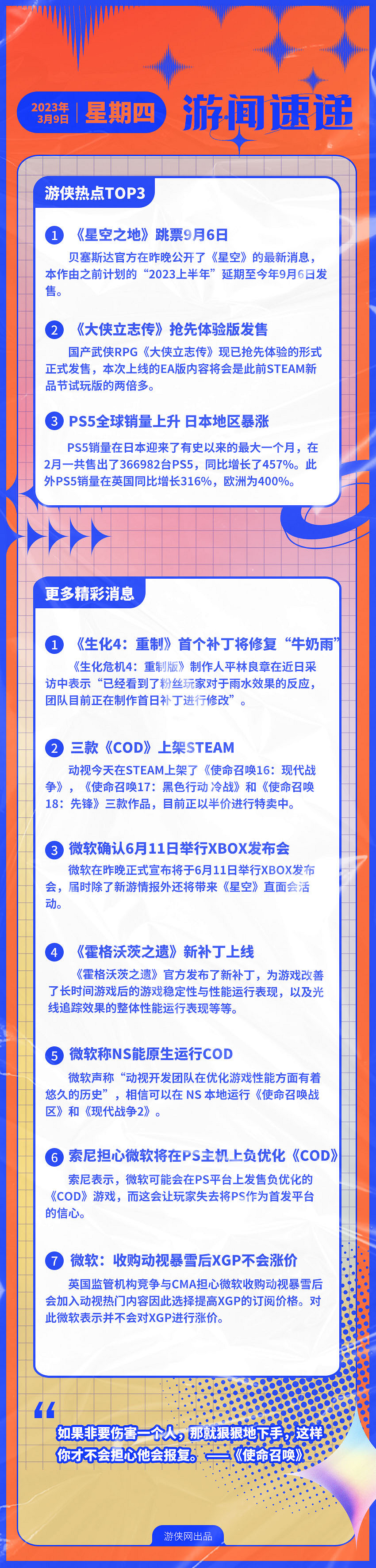 早報：《星空》發售日揭曉 索尼擔心微軟負優化COD