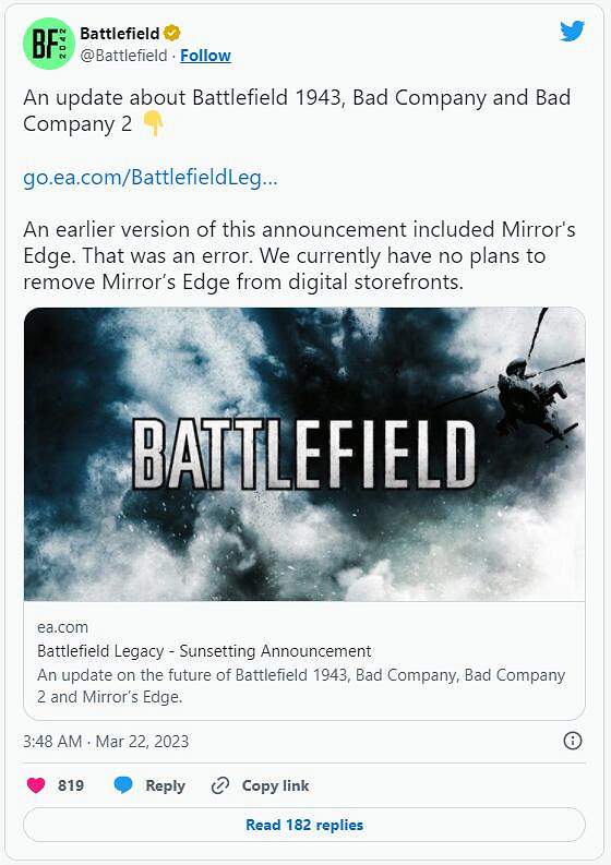 EA宣布4月28日將下架《戰地1943》等3款《戰地》遊戲 EA宣布4月28日將下架《戰地1943》等3款《戰地》遊戲