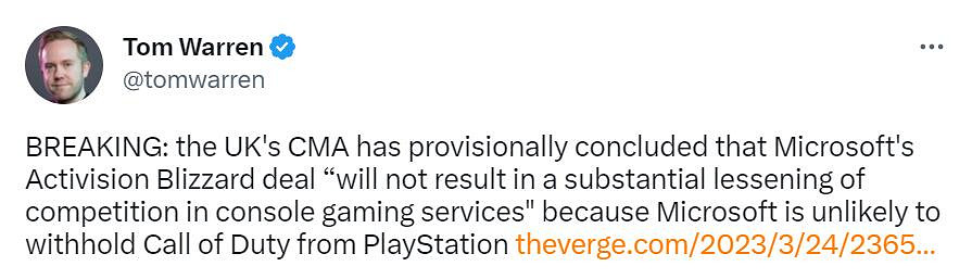 動視暴雪收購案新進展:CMA認為不會減少主機界競爭 動視暴雪收購案新進展:CMA認為不會減少主機界競爭