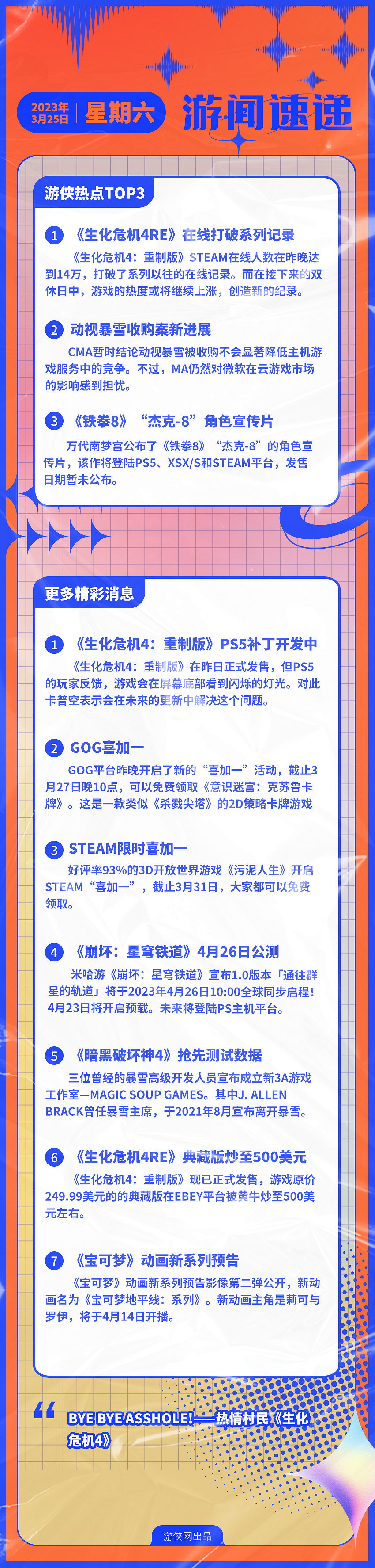 早報:《惡靈古堡4Re》火爆 動視暴雪收購案新進展