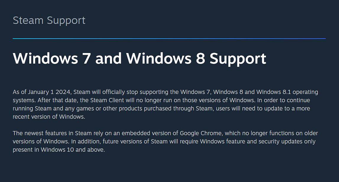 Steam客戶端重要更新：明年不再支援Win 7、Win 8！