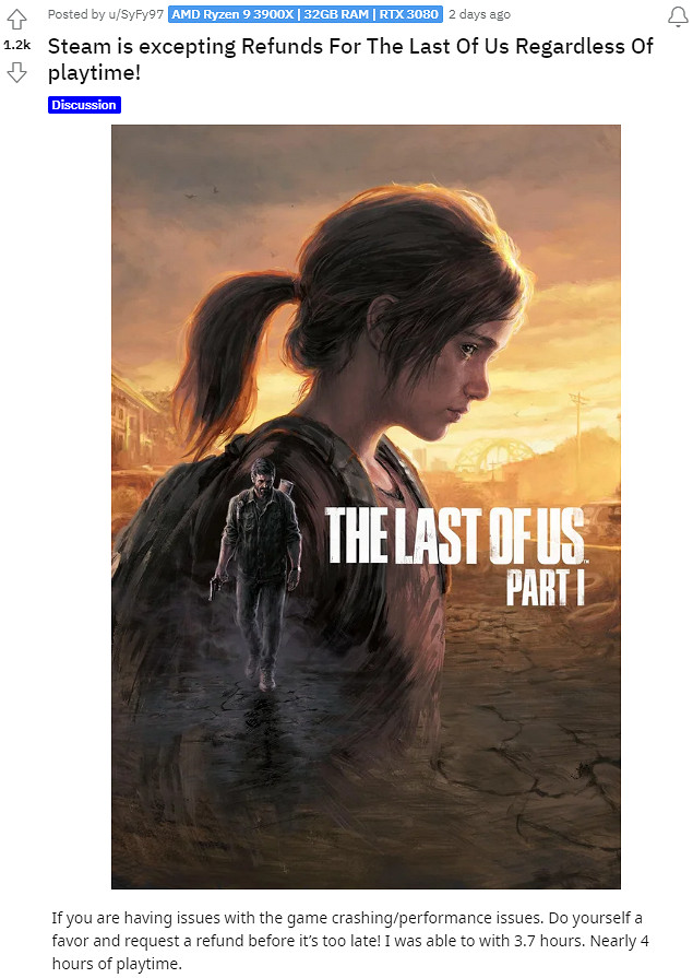 Steam為《最後的生還者》玩家退款 超過遊玩時限也可以