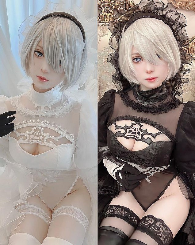 櫻花妹COS《尼爾》：黑色蕾絲高叉背心超性感2B小姐姐