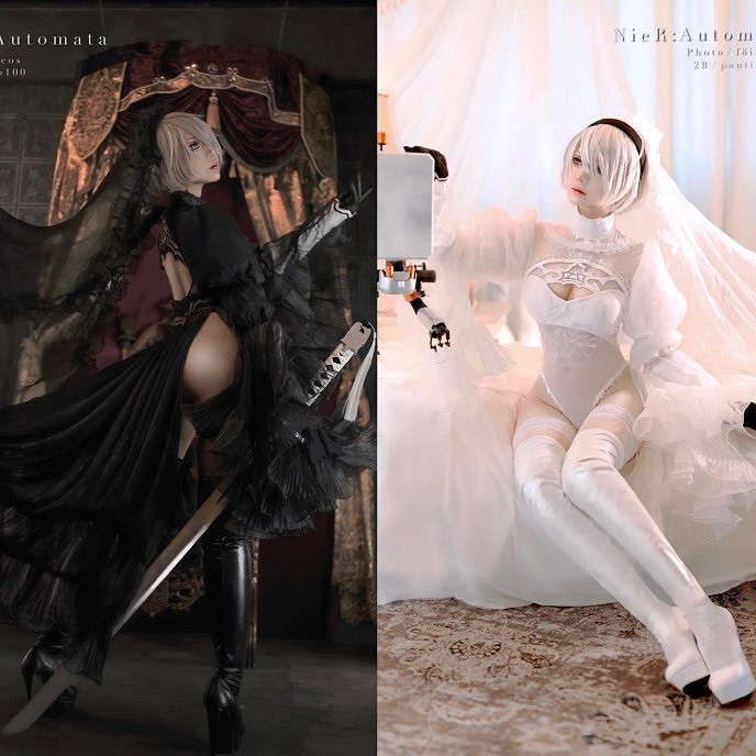 櫻花妹COS《尼爾》：黑色蕾絲高叉背心超性感2B小姐姐