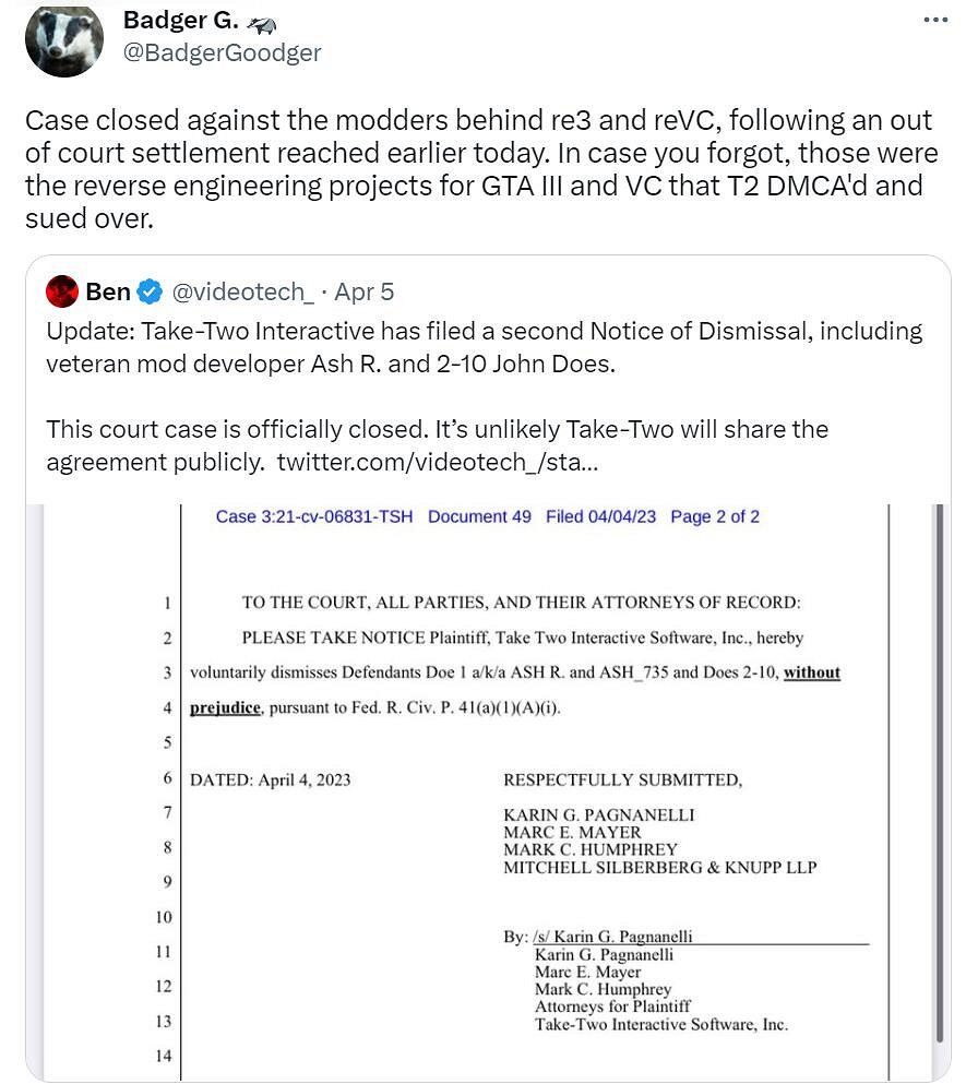 Take Two撤銷對《GTA3》高清化MOD作者的法律訴訟