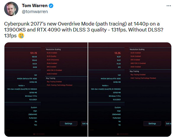 RTX 4090隻有13幀？《2077》超速光追模式性能測試！